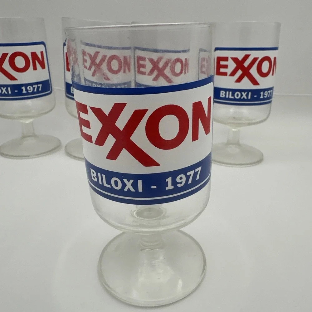 Set of 6 Vintage Exxon Biloxi 1977 Footed Goblet Promo Glasses Gas Station